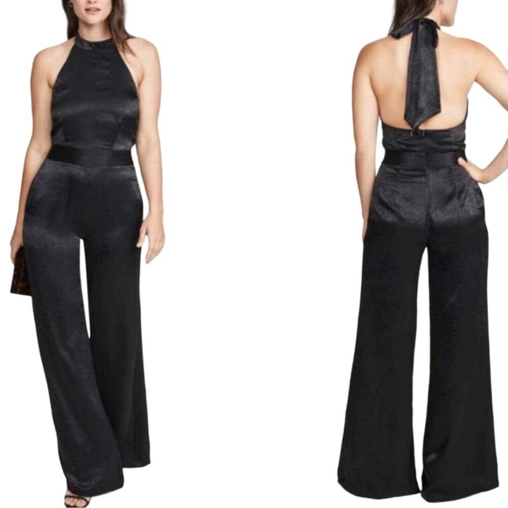 NWT - Misa Los Angeles - Xandra Black Hammered Satin Wide Leg Jumpsuit